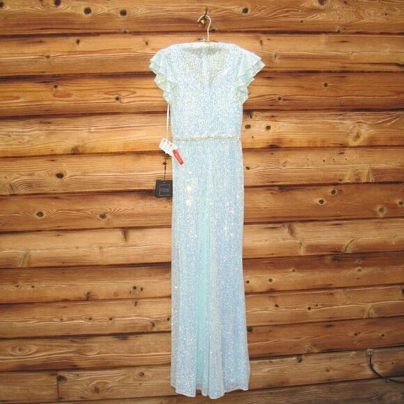 Mac Duggal 26942  Womens SEQUINED HIGH NECK FLUTTER SLEEVE GOWN Dress Blue - Picture 11 of 16